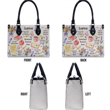Personalized Teacher Leather Handbag Sweetest Teacher Floral