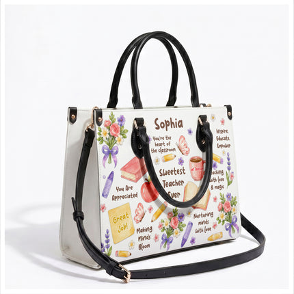 Personalized Teacher Leather Handbag Sweetest Teacher Floral