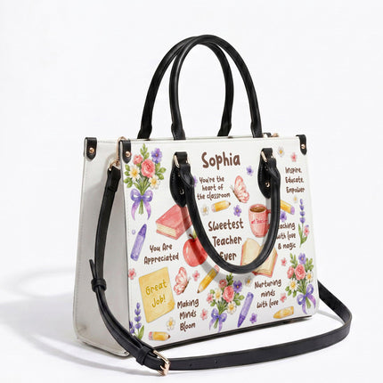 Personalized Teacher Leather Handbag Sweetest Teacher Floral