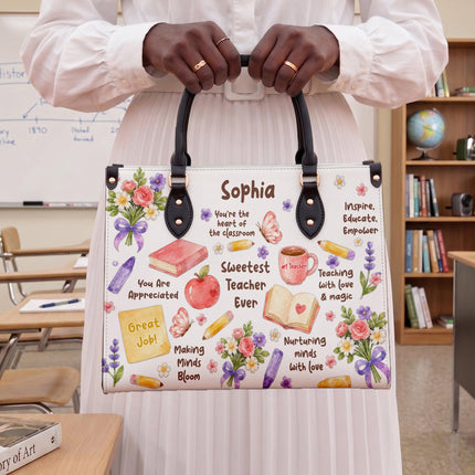 Personalized Teacher Leather Handbag Sweetest Teacher Floral