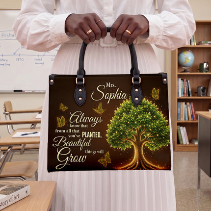 Personalized Teacher Leather Handbag Glowing Tree