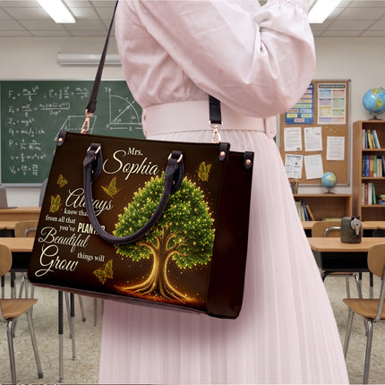 Personalized Teacher Leather Handbag Glowing Tree
