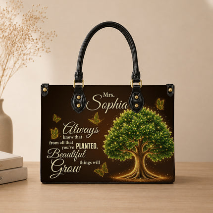 Personalized Teacher Leather Handbag Glowing Tree