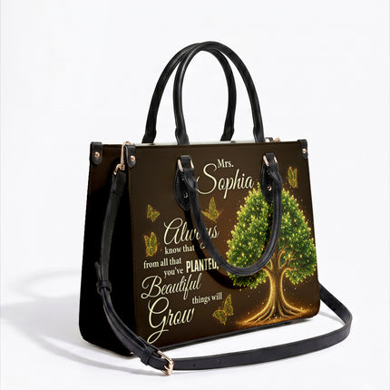 Personalized Teacher Leather Handbag Glowing Tree