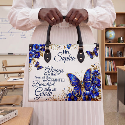 Personalized Teacher Leather Handbag Blue Butterfly Planted Grow