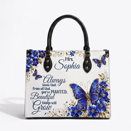 Personalized Teacher Leather Handbag Blue Butterfly Planted Grow