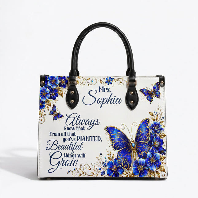 Personalized Teacher Leather Handbag Blue Butterfly Planted Grow