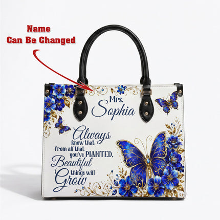 Personalized Teacher Leather Handbag Blue Butterfly Planted Grow