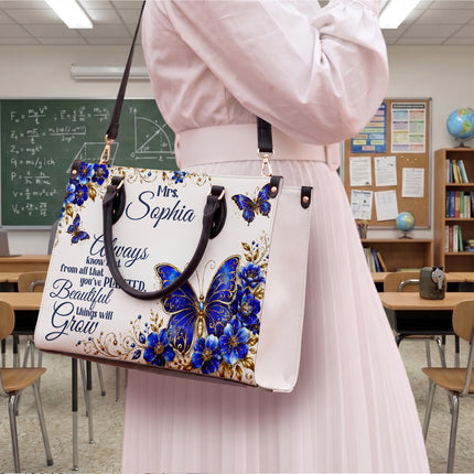 Personalized Teacher Leather Handbag Blue Butterfly Planted Grow