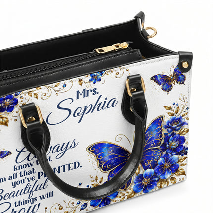 Personalized Teacher Leather Handbag Blue Butterfly Planted Grow