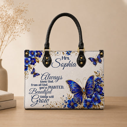 Personalized Teacher Leather Handbag Blue Butterfly Planted Grow