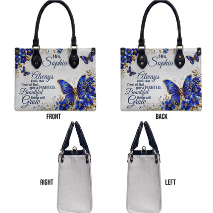 Personalized Teacher Leather Handbag Blue Butterfly Planted Grow