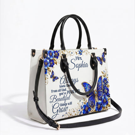 Personalized Teacher Leather Handbag Blue Butterfly Planted Grow