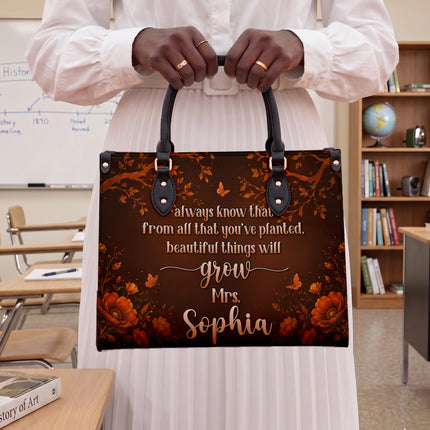 Personalized Teacher Leather Handbag Autumn Floral Planted Grow