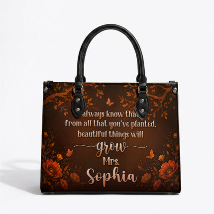 Personalized Teacher Leather Handbag Autumn Floral Planted Grow