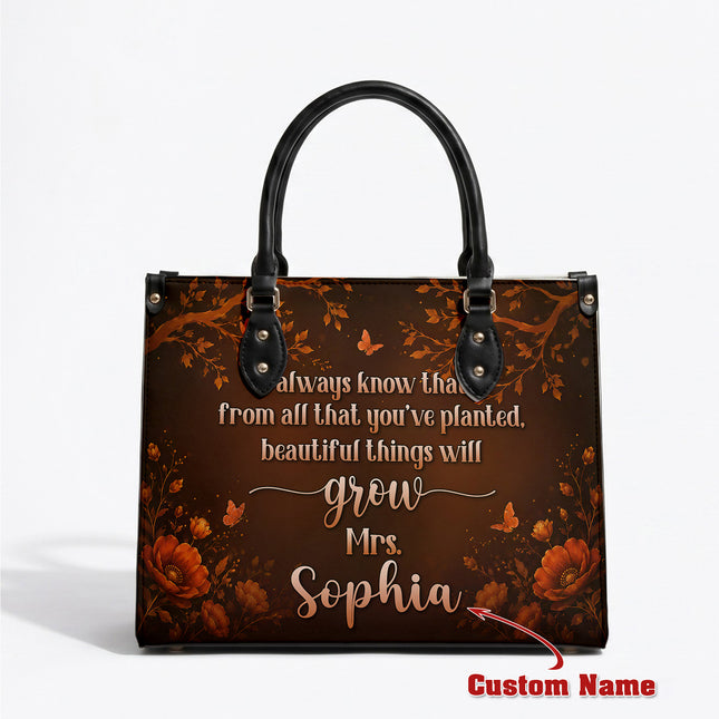 Personalized Teacher Leather Handbag Autumn Floral Planted Grow