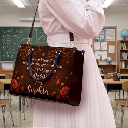 Personalized Teacher Leather Handbag Autumn Floral Planted Grow