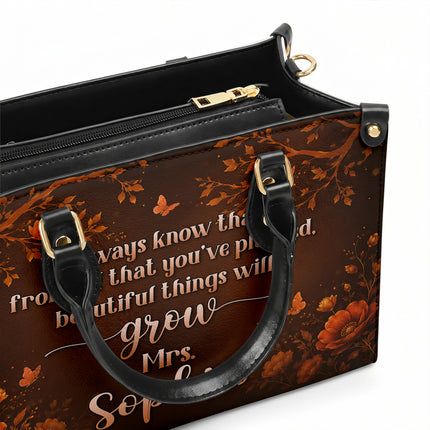 Personalized Teacher Leather Handbag Autumn Floral Planted Grow