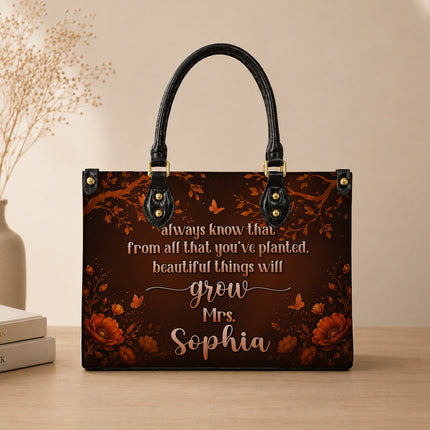 Personalized Teacher Leather Handbag Autumn Floral Planted Grow