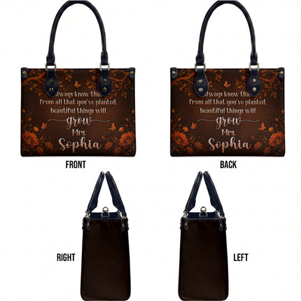 Personalized Teacher Leather Handbag Autumn Floral Planted Grow