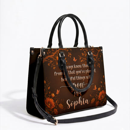 Personalized Teacher Leather Handbag Autumn Floral Planted Grow