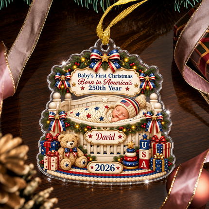 Personalized Baby First Christmas Acrylic Ornament Born in America 250th Year 2026