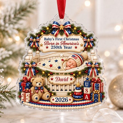 Personalized Baby First Christmas Acrylic Ornament Born in America 250th Year 2026