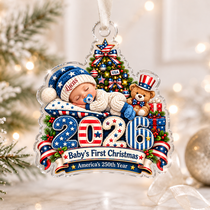 Personalized Baby First Christmas Acrylic Ornament America 250th 2026