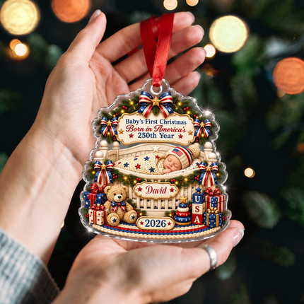 Personalized Baby First Christmas Acrylic Ornament Born in America 250th Year 2026
