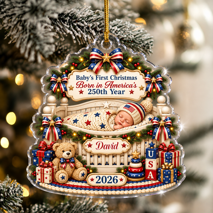 Personalized Baby First Christmas Acrylic Ornament Born in America 250th Year 2026