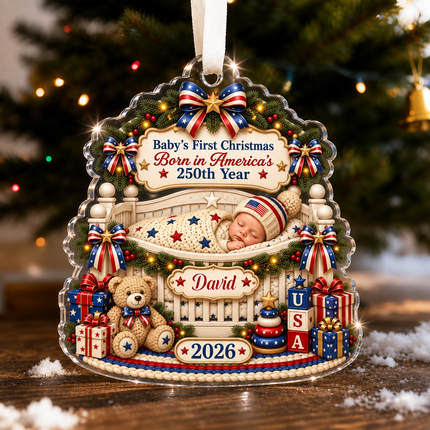 Personalized Baby First Christmas Acrylic Ornament Born in America 250th Year 2026