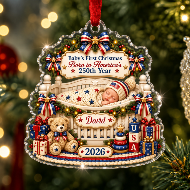 Personalized Baby First Christmas Acrylic Ornament Born in America 250th Year 2026