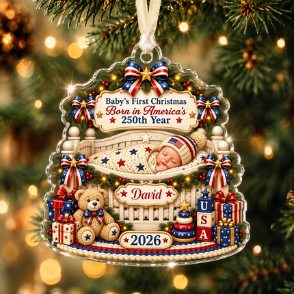 Personalized Baby First Christmas Acrylic Ornament Born in America 250th Year 2026