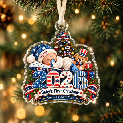 Personalized Baby First Christmas Acrylic Ornament America 250th 2026