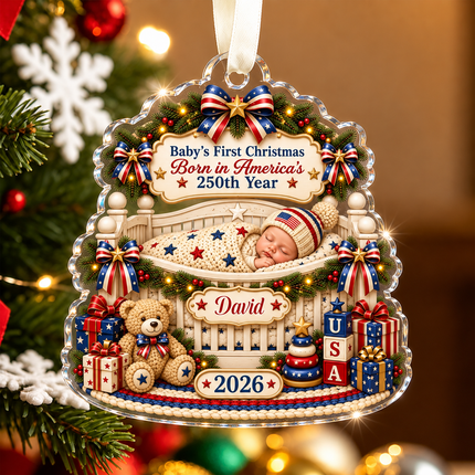 Personalized Baby First Christmas Acrylic Ornament Born in America 250th Year 2026