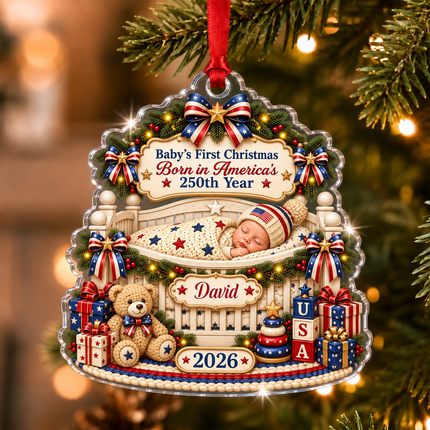 Personalized Baby First Christmas Acrylic Ornament Born in America 250th Year 2026