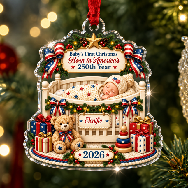 Personalized Baby First Christmas Acrylic Ornament America 250th Year 2026