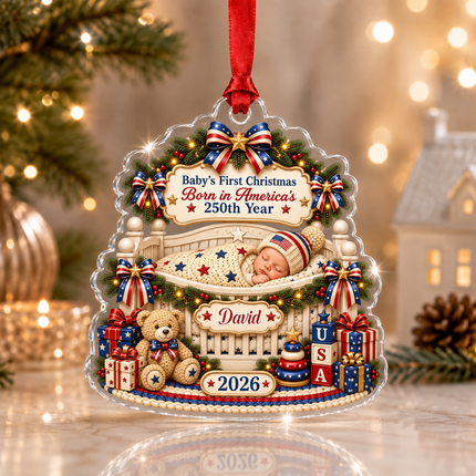 Personalized Baby First Christmas Acrylic Ornament Born in America 250th Year 2026