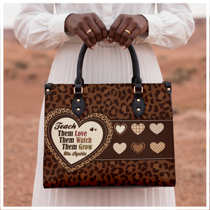 Personalized Teacher Leather Handbag Leopard Print Heart