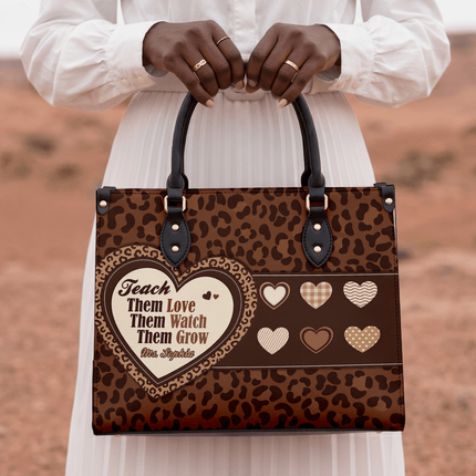 Personalized Teacher Leather Handbag Leopard Print Heart