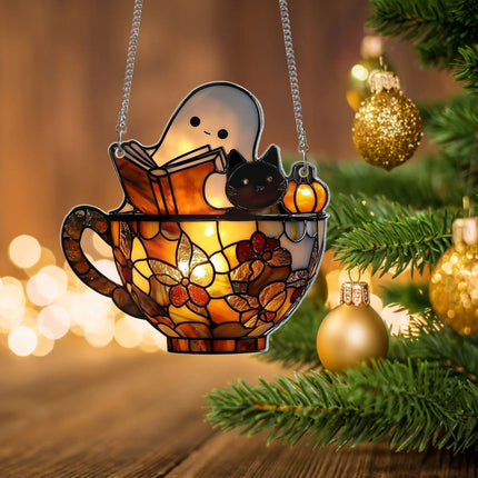 Cute Ghost Reading Book and Black Cat in Teacup Acrylic Suncatcher, Ghost Acrylic Window Hanging, Spooky Bookish Halloween Bathroom Decor - Charming Present