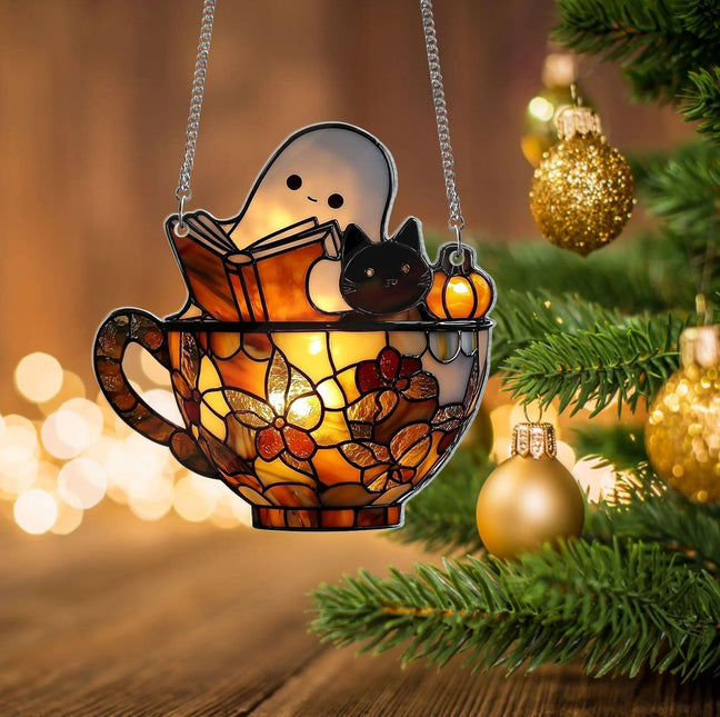 Cute Ghost Reading Book and Black Cat in Teacup Acrylic Suncatcher, Ghost Acrylic Window Hanging, Spooky Bookish Halloween Bathroom Decor - Charming Present
