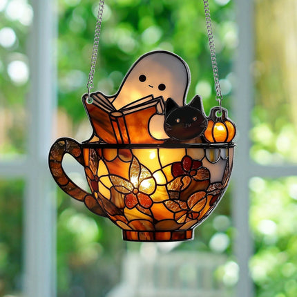 Cute Ghost Reading Book and Black Cat in Teacup Acrylic Suncatcher, Ghost Acrylic Window Hanging, Spooky Bookish Halloween Bathroom Decor - Charming Present