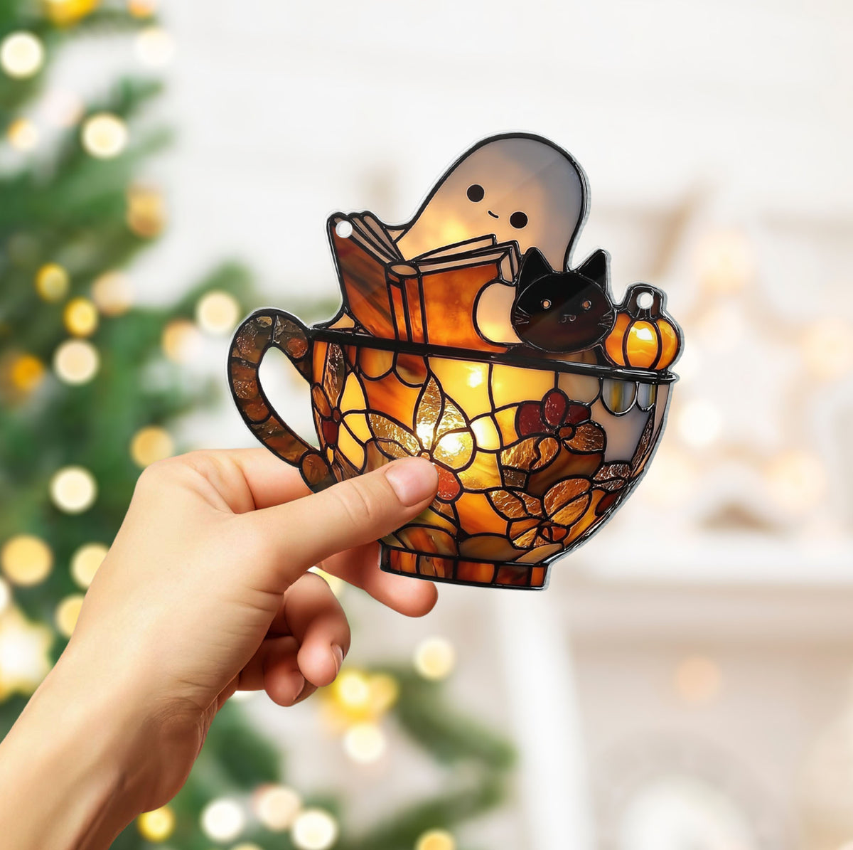 Cute Ghost Reading Book and Black Cat in Teacup Acrylic Suncatcher, Ghost Acrylic Window Hanging, Spooky Bookish Halloween Bathroom Decor