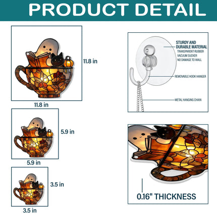 Cute Ghost Reading Book and Black Cat in Teacup Acrylic Suncatcher, Ghost Acrylic Window Hanging, Spooky Bookish Halloween Bathroom Decor - Charming Present