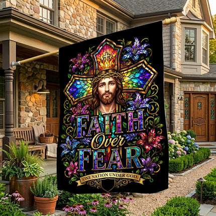 Faith Over Fear Stained Glass Jesus One Nation Under God Flag