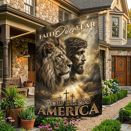 Faith Over Fear God Bless America Lion Jesus Flag