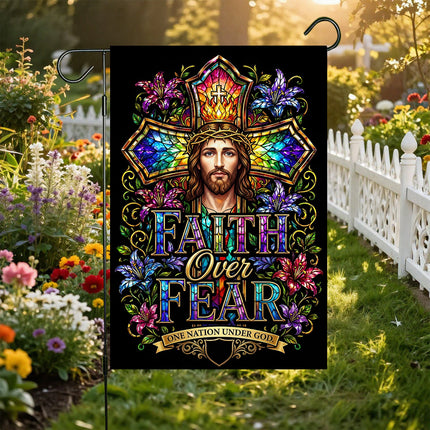 Faith Over Fear Stained Glass Jesus One Nation Under God Flag