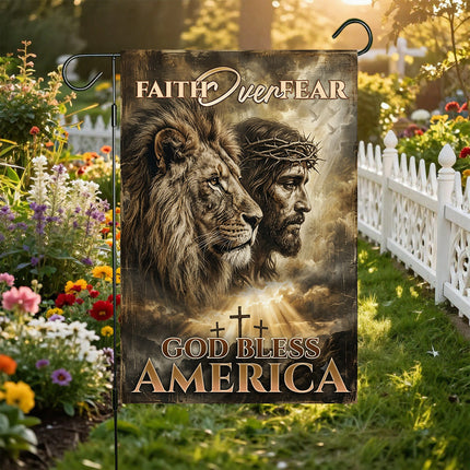 Faith Over Fear God Bless America Lion Jesus Flag