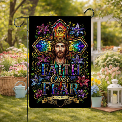 Faith Over Fear Stained Glass Jesus One Nation Under God Flag